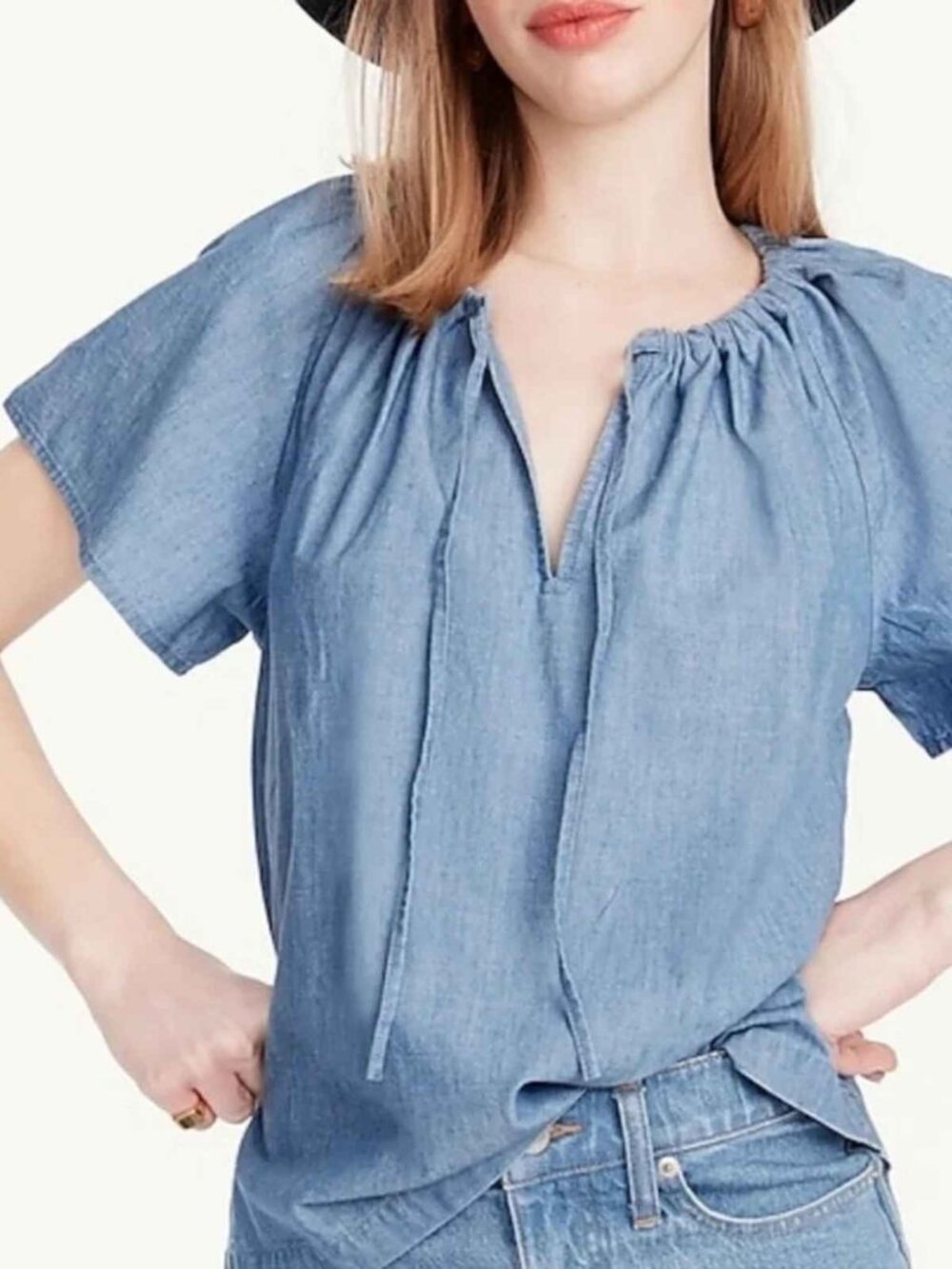 J. Crew Women's Light Blue Cotton Tie Neck Chambray Top Size XL 39978